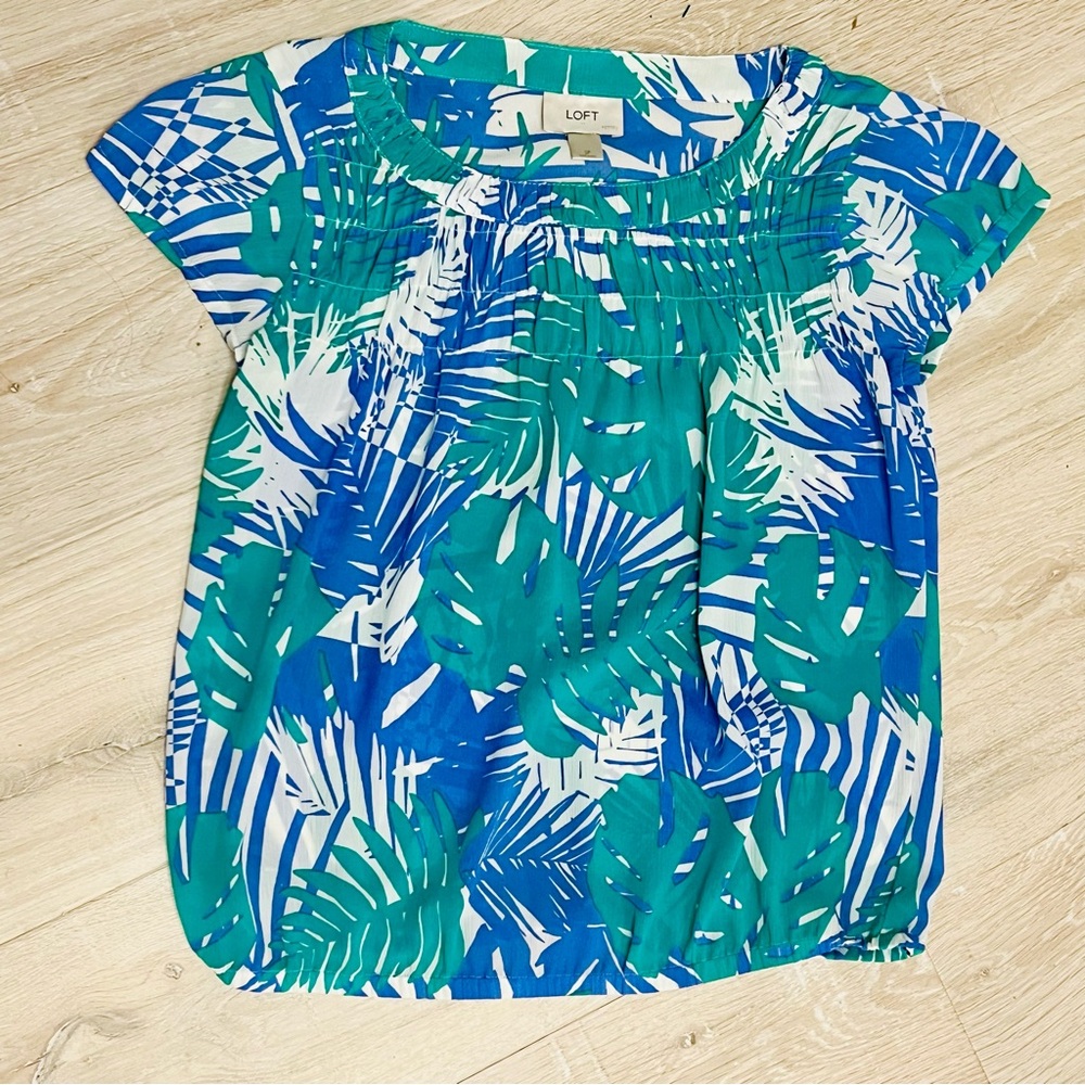 Loft Floral Botanical Monstera Plant Short Sleeve Top Blouse Size Small
